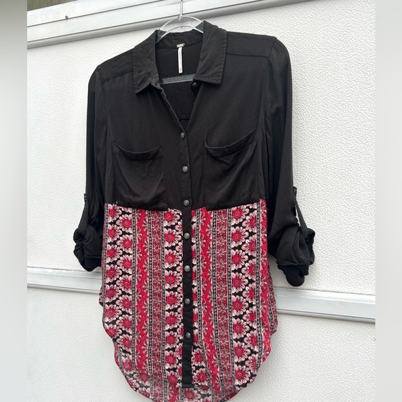 Free People Top XS Western Boho Button Front Red/black Welcome To The Jungle Top - Picture 6 of 12